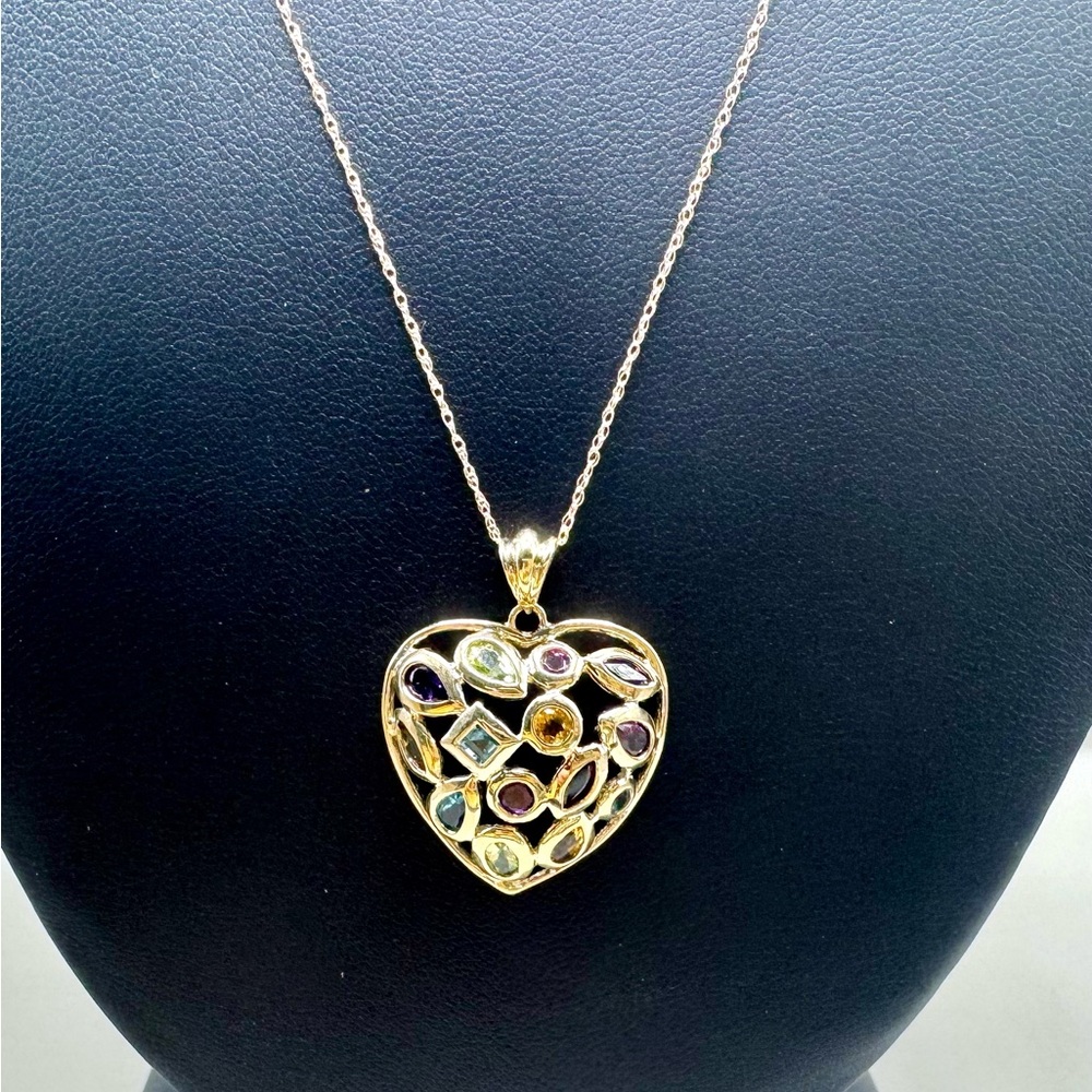 Gold Heart Multi-Gemstone Pendant Necklace - Women's Fashion Jewelry